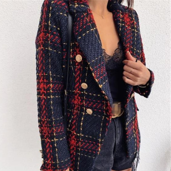 Tweed Women Plaid Blazer Double Breasted Long Sleeve Spring Autumn Office Lady Suit Jacket Notched Collar Red Blazers for Female
