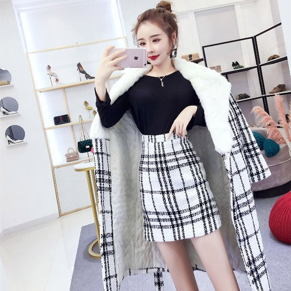 Two 2 Piece Sets Women Korean Style Wollen Blends Overcoat Skirts Female High Waist Skirt Suits Elegant Winter Set
