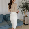 Two Piece Set Summer Office Skirts White Slim Sheath Pencil Skirts Suit For Female 2Pcs Women Long Sleeve Hollow Out Shirt Top