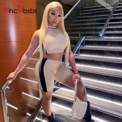 Two Piece Set Women Color Blocking Tracksuits Sexy O Neck Sleeveless Crop Tank Tops+High Waist Skinny Shorts Outfits 2023 Summer