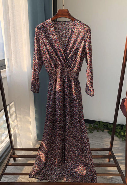 Two-Piece Set Women V-Neck Maxi Dress 2022 Autumn Elastic Waist Ladies Vintage Print Long Robe Clothes Holiday Party