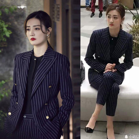 Two Piece Sets Women's Striped Printed Office Loose Casual Classic Long Sleeve Blazer Chic Elegant High Waist Long Pant Suit