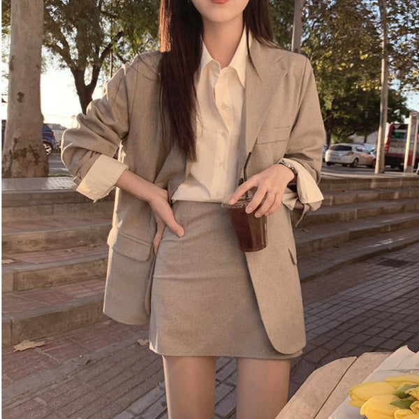 Two-Piece Suit Solid Suit With Suit Collar Female Korean Temperament Loose Suit Woman Casual Slim A-Line Skirt Ladies 2023