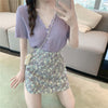 Two-Piece Suit V-neck Purple Top Women's Summer Pleated Western Style Ruffled Short Sleeves Chiffon Shirt Skirt