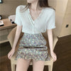 Two-Piece Suit V-neck Purple Top Women's Summer Pleated Western Style Ruffled Short Sleeves Chiffon Shirt Skirt