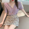 Two-Piece Suit V-neck Purple Top Women's Summer Pleated Western Style Ruffled Short Sleeves Chiffon Shirt Skirt