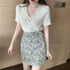 Two-Piece Suit V-neck Purple Top Women's Summer Pleated Western Style Ruffled Short Sleeves Chiffon Shirt Skirt