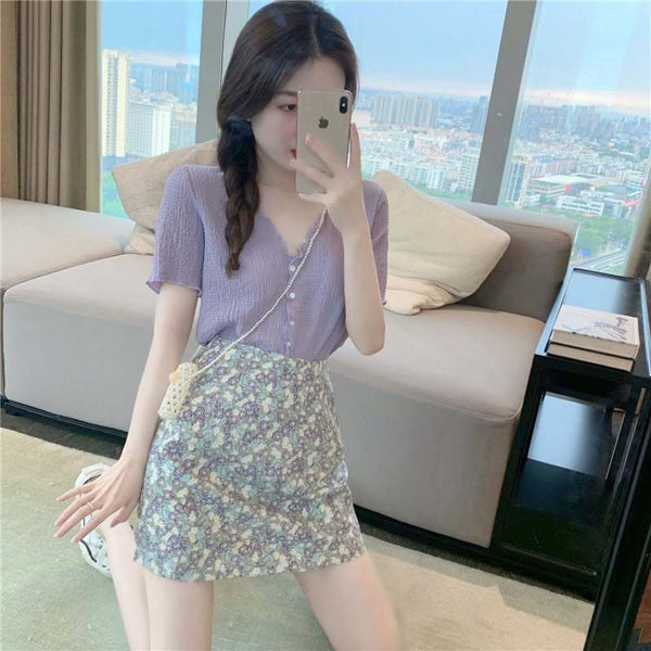 Two-Piece Suit V-neck Purple Top Women's Summer Pleated Western Style Ruffled Short Sleeves Chiffon Shirt Skirt