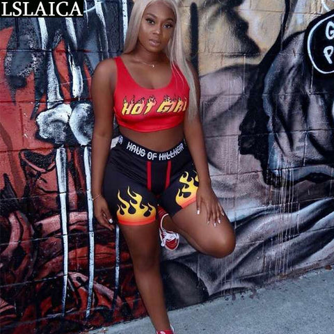 Two Piece Tank Top&Biker Shorts Letter Flame Print Casual Women Suits Sporty Outfits For Women Fitness Sets For Women