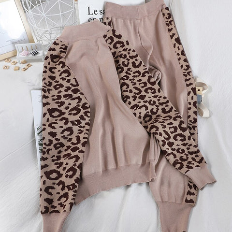 Two Piece Tracksuit Long Sleeve Coat And Trousers Leopard Patchwork Knit Casual Suit Set 2023 Autumn Female Korean