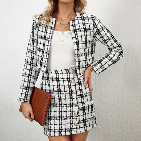 Two Pieces Set Plaid Skirt Suits Women Work Party Elegant Autumn Long Sleeve Jackets High Waist Pencil Mini Short Skirt