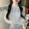 Two Pieces Set Shirt +Tank Spring Women Lace Bottoming Blouse Beading Mesh Shirt Female Lantern Sleeve Blouses Short Tops AB2094