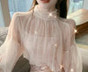 Two Pieces Set Shirt +Tank Spring Women Lace Bottoming Blouse Beading Mesh Shirt Female Lantern Sleeve Blouses Short Tops AB2094