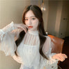 Two Pieces Set Shirt +Tank Spring Women Lace Bottoming Blouse Beading Mesh Shirt Female Lantern Sleeve Blouses Short Tops AB2094