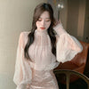 Two Pieces Set Shirt +Tank Spring Women Lace Bottoming Blouse Beading Mesh Shirt Female Lantern Sleeve Blouses Short Tops AB2094