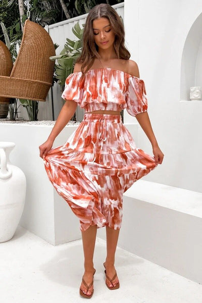 Two Pieces Set Women Pattern Printed Slash Neck Off The Shoulder Short Tops A-line Midi Skirt Lady Boho Beach Maxi Skirts Suits