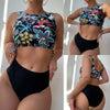 Two-piece Women Sexy Floral Print Swimsuit Backless Ripple Temperament Beachwear Split Bikini Biquinis Feminino
