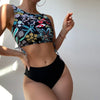 Two-piece Women Sexy Floral Print Swimsuit Backless Ripple Temperament Beachwear Split Bikini Biquinis Feminino