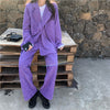 Two-piece Suit Purple Corduroy Blazer for Women Long Sleeve Oversize Coat 2023 Autumn Loose Solid Office Lady Outerwear Stylish