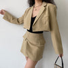 Two piece set Women Cropped Blazer and Mini Skirt Solid Elegant Office Ladies Outfits Long Sleeve Navel Exposed Irregular Suits