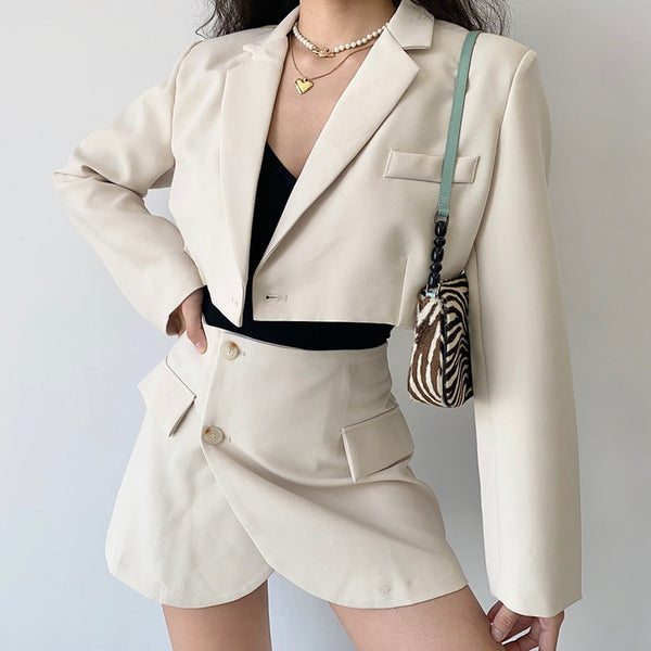 Two piece set Women Cropped Blazer and Mini Skirt Solid Elegant Office Ladies Outfits Long Sleeve Navel Exposed Irregular Suits