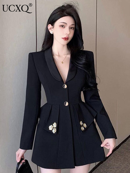 UCXQ Korean Back Bandage Bow Hollow Out Blazers Chic Buttons Office Lady Elegant Women Suit Jacket Autumn Tide 10AB3042