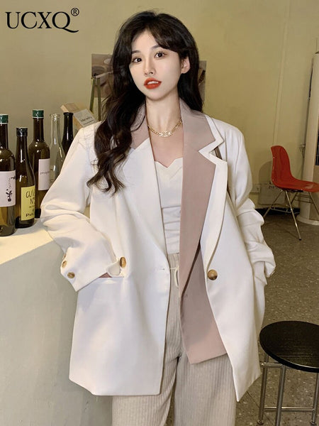 UCXQ Light  Socialite Fake Two-piece Double Breasted Women Blazers Autumn Loose Casual Suit Coat Tide 10AB2762
