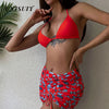 UNISUIT Summer Ladies Butterfly Print Bikini & Split Gauze Skirt Push Up Three Piece Swimwear Bikini Set
