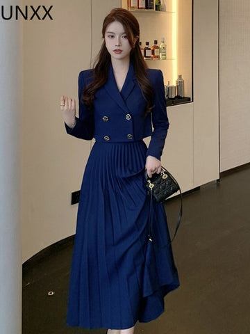 UNXX 2-Piece Set Women 2023 Spring Autumn French Elegant Sweet Wind Outfits Double Breasted Blazer+Midi Swing Skirt Office Lady