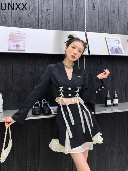 UNXX 2023 Spring Autumn Suit Women Bowknot Tie Design Open Waist Blazer+Mesh Ribbon Half Skirt Two Piece Set Women Skirt Suits