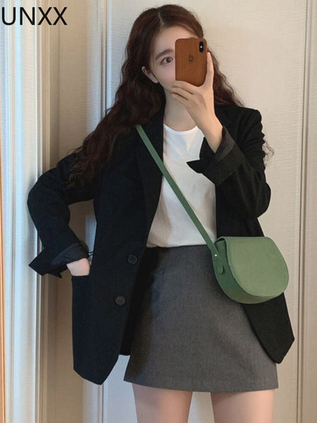 UNXX 2023 Women Office Black Pink Suit Two Piece Pantsuit Elegant Blazer Female Set Casual Suit Skirt Two Piece Set Office Lady