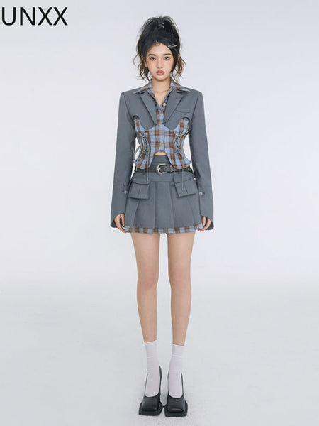 UNXX Autumn Elegant Two Piece Skirt Set Women Office Lady Patchwork Mini Skirt Suit Female Casual Long Sleeve Designer Skirt Set