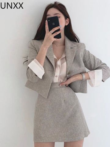 UNXX Blazer & Suits Skirt Suits Full Sleeve Short Blazer Coat Slim High Waist Skirts Mini Solid Slim Casual Vintage 2 Pieces Set