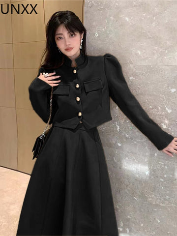 UNXX  Summer Korean Sweet Elegant 2 Piece Set Women Blazer Top Midi Skirt Suits Two Piece Outfits Solid