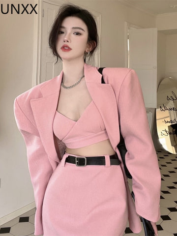 UNXX  Sweet Pink Blazer Skirt Set Girl Suit Coat +Camisole+ Mini Skirt Suit Female 3 Piece Set Women Summer Fall New