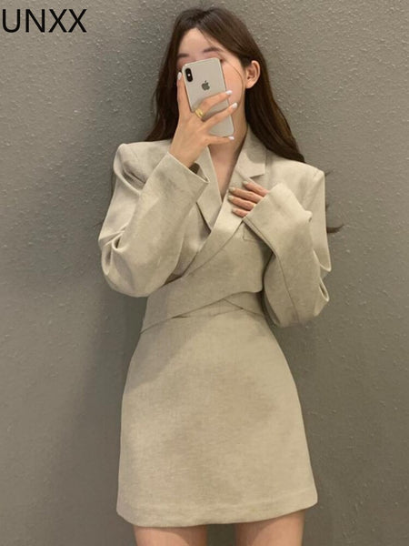 UNXX Jacket Skirt Two Piece Sets Long Sleeve V-neck Coat Suit Autumn 2023+ Mini Skirts Korean Office 2pc Set Elegant Black Suit
