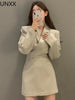 UNXX Jacket Skirt Two Piece Sets Long Sleeve V-neck Coat Suit Autumn 2023+ Mini Skirts Korean Office 2pc Set Elegant Black Suit