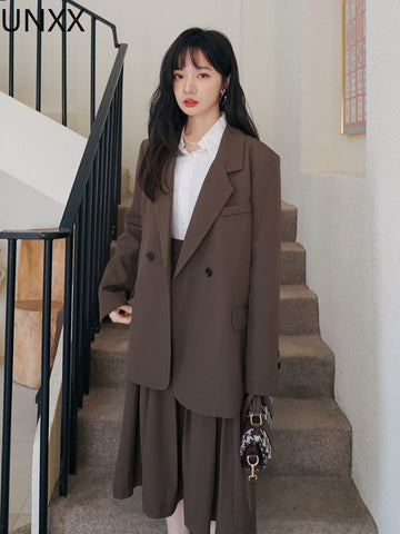 UNXX Korean Spring Two Piece Set Women Long Sleeve Blazer Jacket + Long Pleated Skirt Blazer Suits Ensemble Femme 2 Piece Outfit