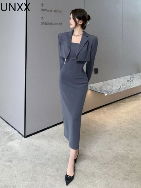 UNXX Korean Style Suits Sets Womens Spring Summer Pockets Short Jackets Outerwear High Street Slim Strap Dress Two Piece Set