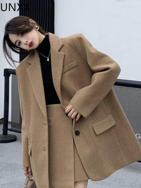 UNXX Korean Two Piece Set Woolen Blazer Women Office Lady A Line Skirt Sets Female Split Autumn Winter Clothing 2 Piece Suits