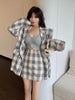 UNXX Ladies' Sweet Versatile Temperament Pink Plaid Suit Jacket + High-waist Plaid Skirt Pants Casual Suit Skirt Suits Full