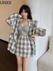 UNXX Ladies' Sweet Versatile Temperament Pink Plaid Suit Jacket + High-waist Plaid Skirt Pants Casual Suit Skirt Suits Full