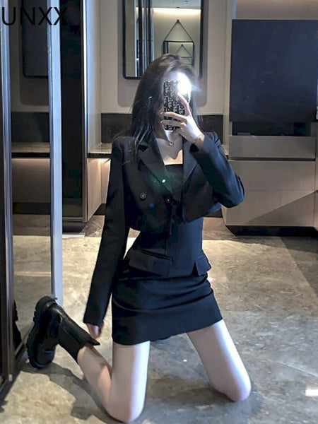 UNXX Set Blazer and Skirts Two Piece Set Women Short Empire Blazer Feminino Femme Two Piece Set Ladies 2 Piece Skirt Suit Solid