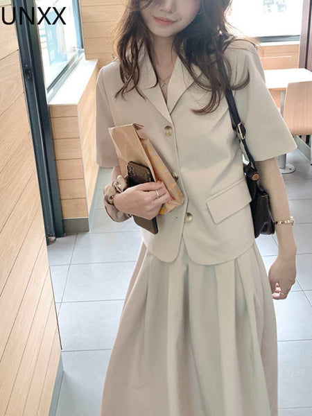 UNXX Set Female Retro Chic Summer Professional Suit Top + Pleated Skirt Age-reducing Two-piece Suit Female Office Lady