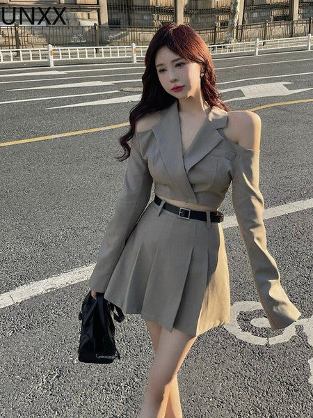 UNXX Set Women Casual Off-shoulder Suit Top + Pleated Skirt Two-piece Women Summer Set Trend Office Lady женские костюмы