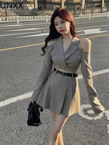UNXX Set Women Casual Off-shoulder Suit Top + Pleated Skirt Two-piece Women Summer Set Trend Office Lady женские костюмы