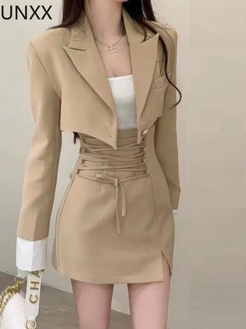 UNXX Sexy One Button Short Women Blazer Cropped High Waist Irregular Cross Slit Mini Skirt Long Sleeve Suit 2 Pieces Set Vintage