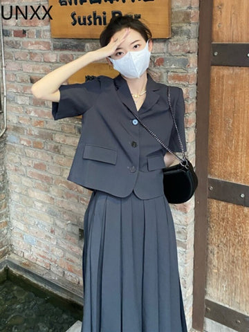 UNXX Summer Dress Female Suit Suit Pleated Dress Black Irregular Suit Dress Simple Slim Office Lady Dress+Blazer Two Piece Set
