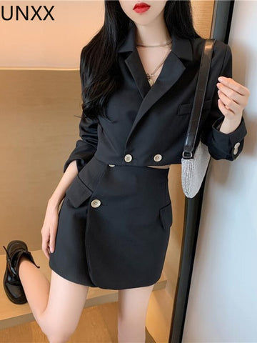UNXX Two Piece Set Blazers Women+high Waist Skirt Cropped Classy Stylish Solid Casual Temperamen Women's Suit with A Skirt Full