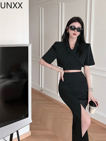 UNXX Vintage Blazer Suits Women Two Piece Set Lace-up Short Jacket Crop Top + Slit Skirt Elegant Ensemble Femme 2 Pieces Outfits